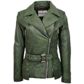 Womens Leather Hip Length Biker Jacket Celia Aurora Green