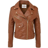 Womens Real Leather Biker Cross Zip Fashion Jacket Remi Dynamo Tan
