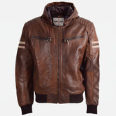 Mens Real Leather Bomber Zip up Detachable Hoodie Jacket Dallas Clestial Cognac