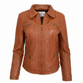 Womens Classic Leather Biker Zip Box Jacket Dynamo Tan