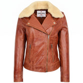 Womens Leather Biker Jacket with Detachable Collar Charmed Chestnut