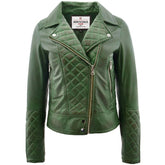 Womens Leather Biker Jacket with Quilt Detail Aurora Green