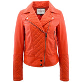Womens Leather Biker Jacket with Quilt Detail Blissful Orange