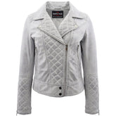 Womens Leather Biker Jacket with Quilt Detail Vintage Astral White