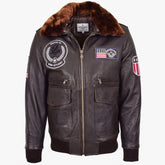 Mens Leather Bomber Jacket with Detachable Collar Arthur Zenith Brown