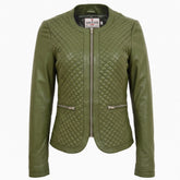 Womens Leather Collarless Jacket with Quilt Design Joan Aurora Olive Green