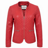 Womens Leather Collarless Jacket with Quilt Design Joan Ignite Red