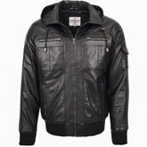 Mens Leather Bomber Jacket with Hoodie Bronx Nova Black