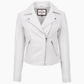 Womens Soft Leather Cross Zip Biker Jacket Anna Astral White