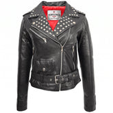 Womens Leather Studded Brando Style Jacket Salma Nova Black