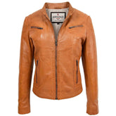Womens Leather Standing Collar Jacket Becky Dynamo Tan