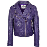 Womens Real Leather Biker Cross Zip Fashion Jacket Remi Whisper Purple