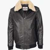 Mens Bomber Leather Jacket with Sheepskin Collar Viggo Nova Black
