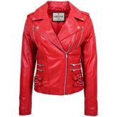 Womens Cross Zip Biker Leather Jacket Cara Ignite Red