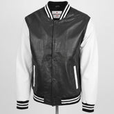 Mens Leather College Boy Varsity Jacket Garry Black Astral White