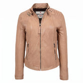 Womens Real Leather Classic Biker Jacket Sophia Luminous Beige