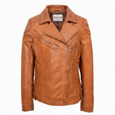 Womens Real Leather Biker Jacket Cross Zip Pockets Cherry Dynamo Tan