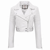 Womens Leather Cropped Biker Style Jacket Demi Astral White