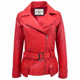 Womens Leather Hip Length Biker Jacket Celia Ignite Red