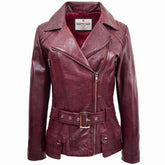 Womens Leather Hip Length Biker Jacket Celia Infinite Burgundy