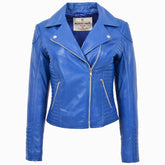 Womens Soft Leather Cross Zip Biker Jacket Anna Radiant Blue
