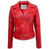 Womens Real Leather Biker Brando Style Jacket Mia Ignite Red