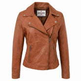 Womens Soft Leather Cross Zip Biker Jacket Lola Dynamo Tan
