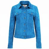 Womens Soft Suede Trucker Style Jacket Alma Teal Radiant Blue