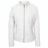 Womens Real Leather Biker Jacket Zip up Casual Connie Astral White