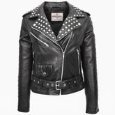 Womens Real Leather Biker Jacket Studded Brando Jacket Heidi Nova Black
