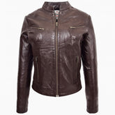 Womens Leather Standing Collar Jacket Becky Zenith Brown