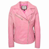 Womens Real Leather Biker Jacket Cross Zip Pockets Cherry Chroma Pink