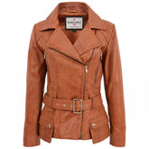 Womens Leather Hip Length Biker Jacket Celia Dynamo Tan