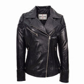 Womens Real Leather Biker Jacket Cross Zip Pockets Cherry Nova Black