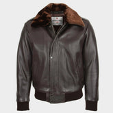 Mens Leather Bomber Pilot Jacket Removable Collar Leroy Zenith Brown