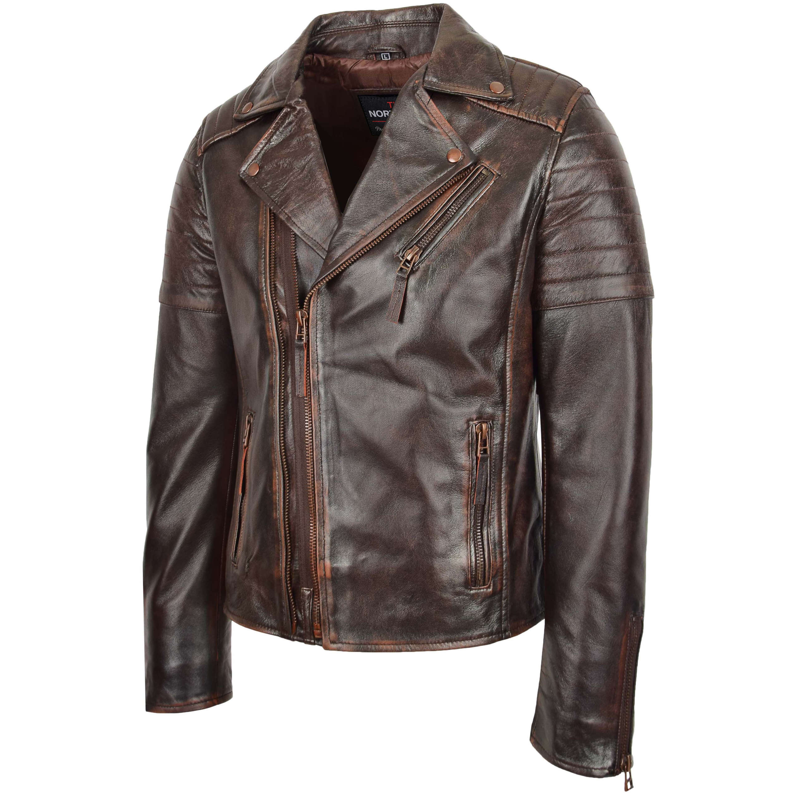 Mens Dual Zip Biker Leather Jacket Brown Zenith