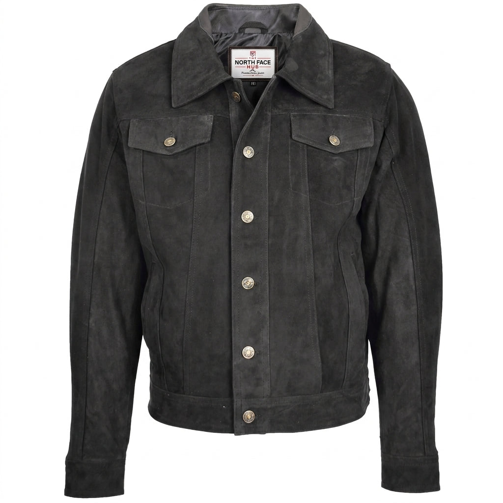 Mens Real Suede Trucker Harrington Jacket Daryl Nova Black