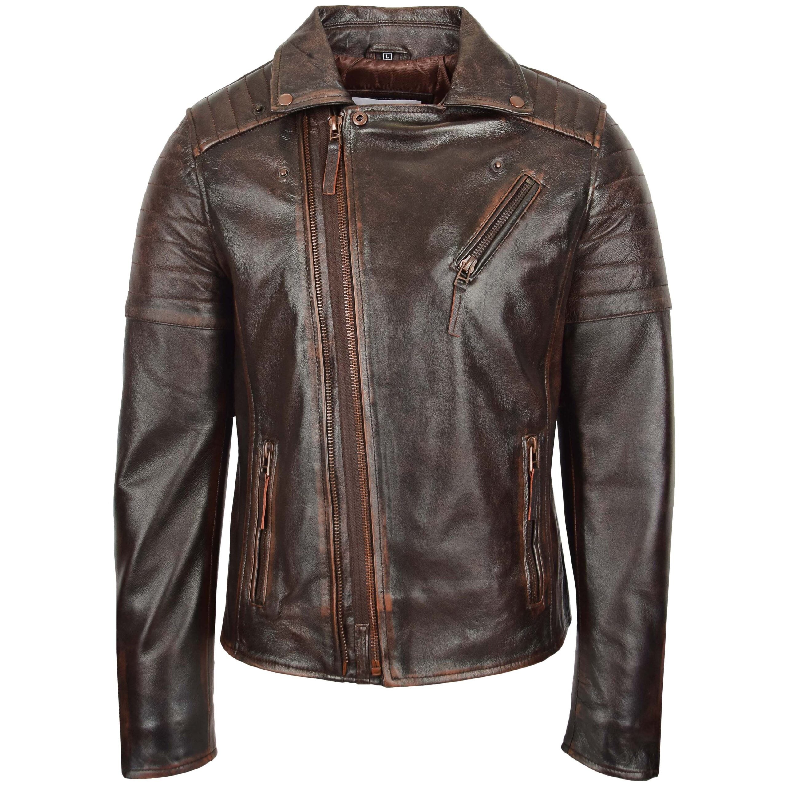 Mens Dual Zip Biker Leather Jacket Brown Zenith