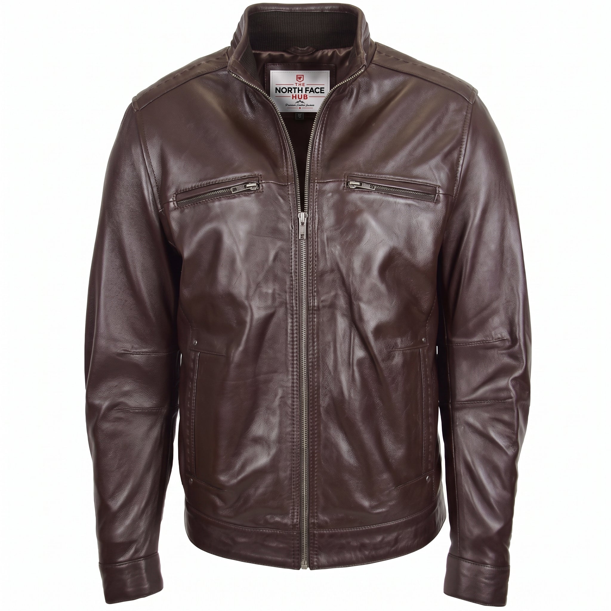 Men's Standing Collar Leather Jacket Tony Zenith Brown