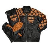 MCM Inspired Leather Tracksuit Set Black Brown Leather Jacket Pants with Hat