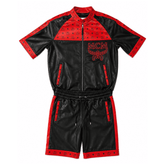 MCM Inspired Black Red Tracksuit Leather Jacket and Shorts Set