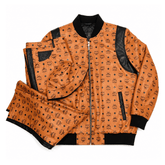 MCM Inspired Real Leather Tracksuit Black Cognac Signature Outfit with Leather Hat