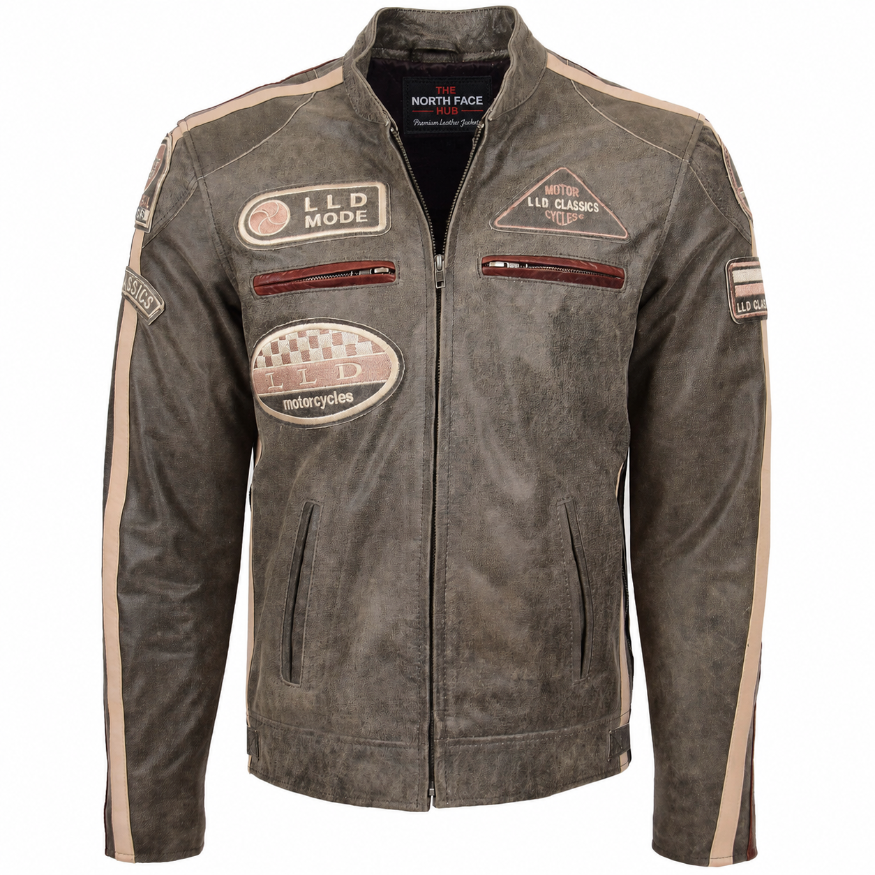 Mens Biker Leather Jacket with Badges Zenith Brown