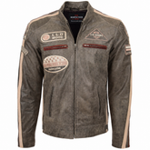 Mens Biker Leather Jacket with Badges Zenith Brown