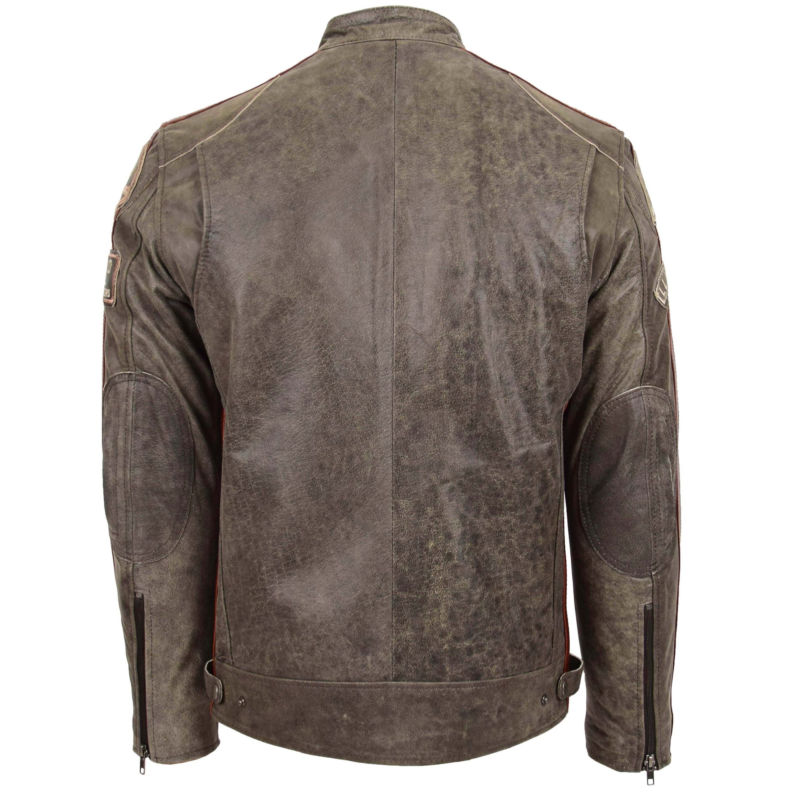 Mens Biker Leather Jacket with Badges Zenith Brown
