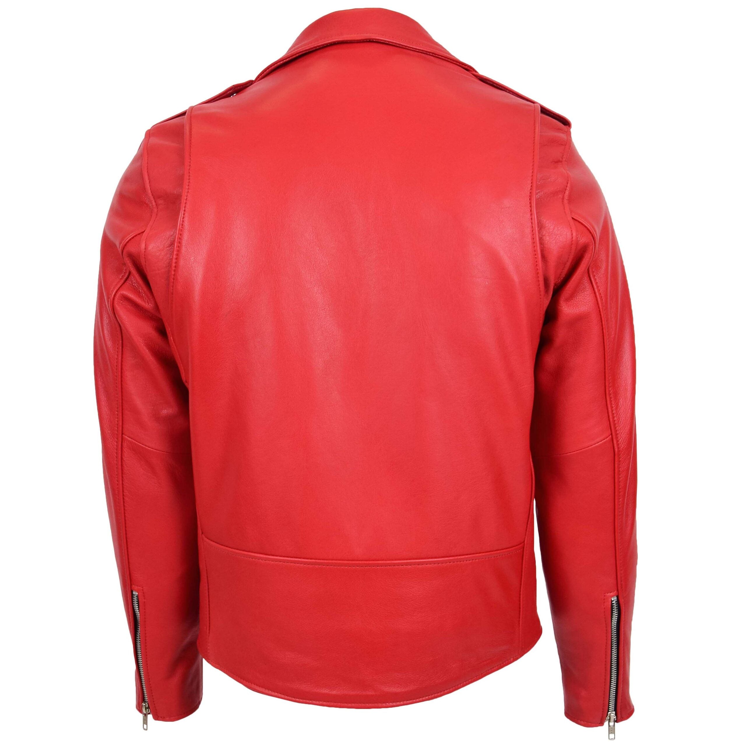 Mens Heavy Duty Leather Biker Brando Jacket Ignite Red