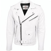 Mens Heavy Duty Leather Biker Brando Jacket Astral White