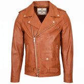 Mens Leather Biker Jacket Brando Style Johnny Dynamo Tan
