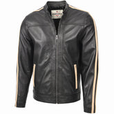 Mens Leather Biker Jacket with Racing Stripes Clyde Black