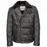 Mens Leather Biker Style Puffer Jacket Ronnie Nova Black